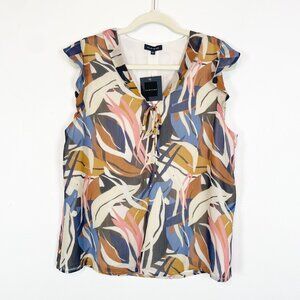 NWT Pleione Women's L Colorful Tropical Leaf Print Sleeveless Ruffle Blouse‎ Top